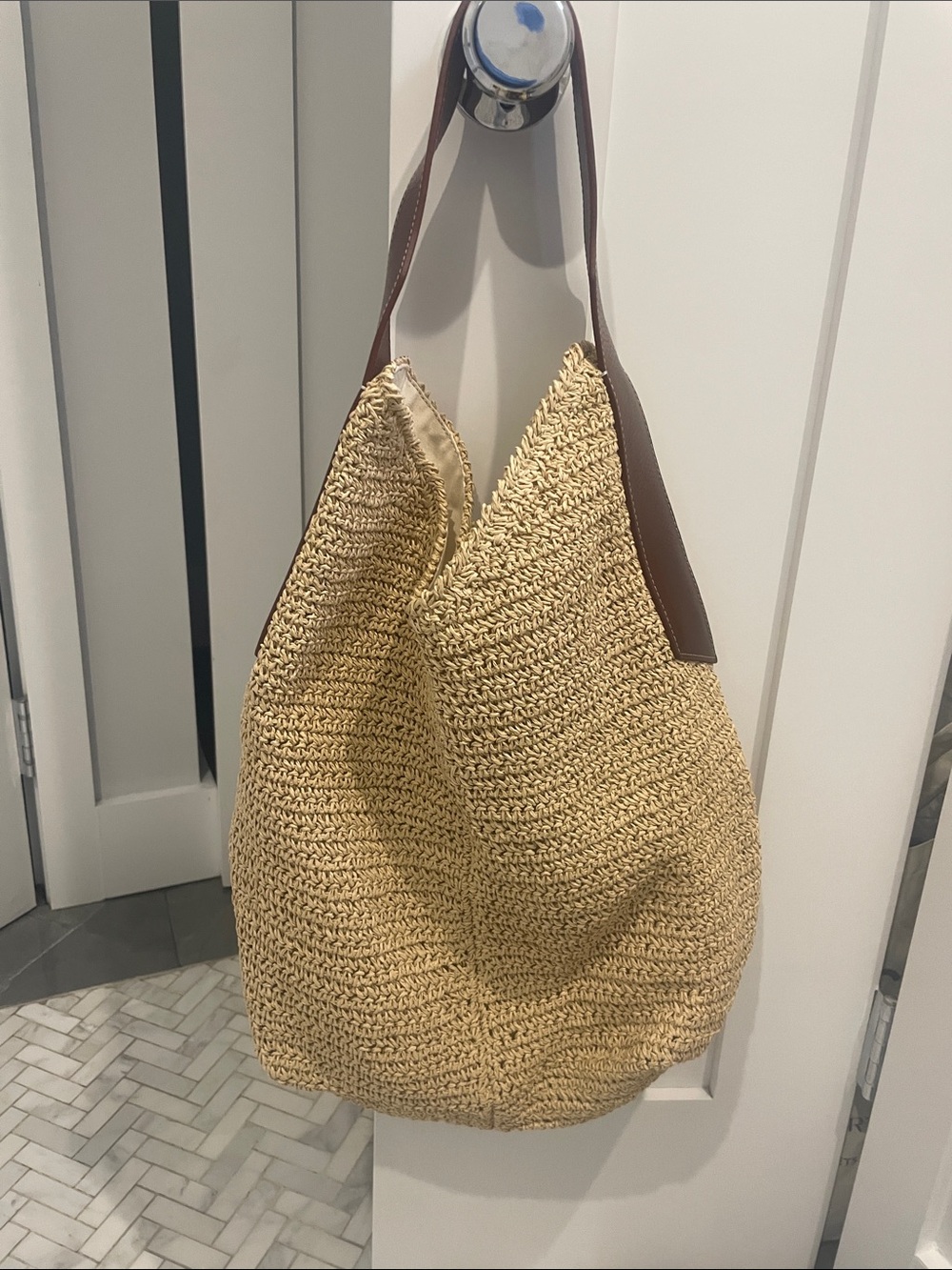 Banana Republic Never Worn Natural Rafia Tote with Brown Leather Straps